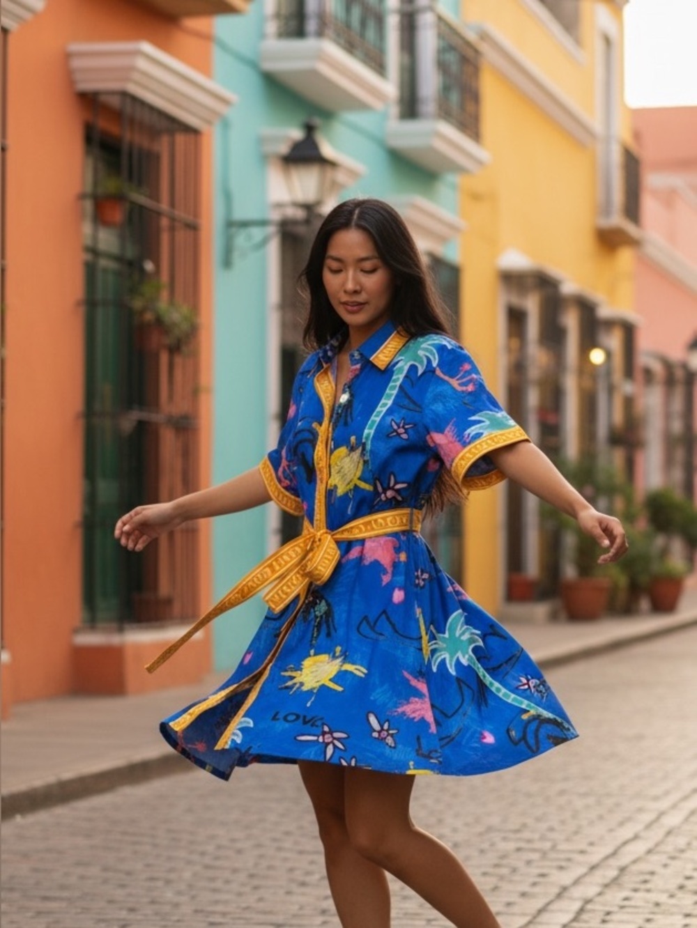 Romy Blue Short-Sleeve Graphic Shirt Dress with Yellow Trim